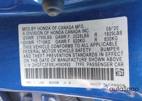 2020 Honda Civic Sport z USA, uszkodzony, nr VIN 2HGFC2F8XLH580692